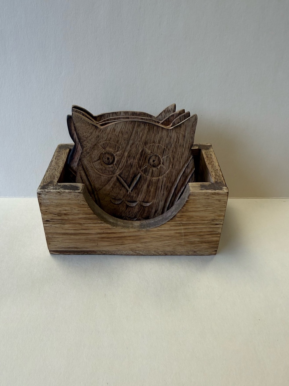 Set of 5 Hand Crafted Wooden Folk Art Owl Coasters with Holder.